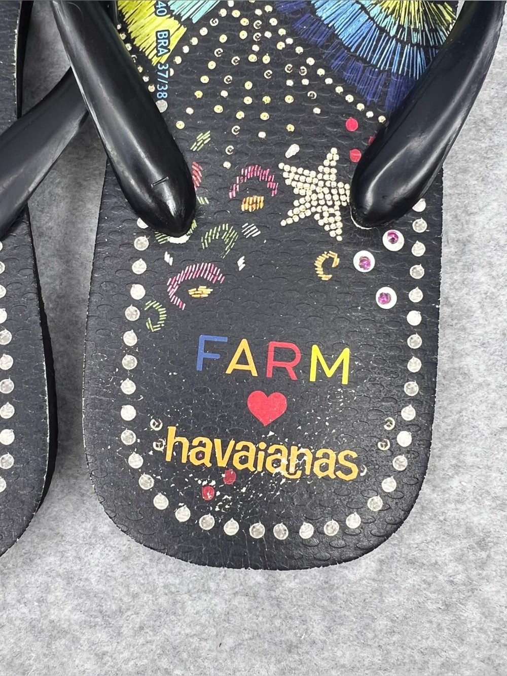 Farm Rio Black Multi Sandal in Black Havaianas Thong Flip Flops Women’s Size 7/8 - Picture 8 of 16